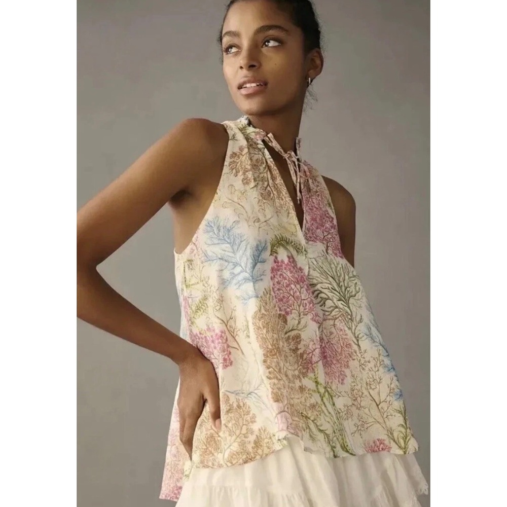 Pilcro Anthropologie Tavi Linen Botanical Deep V Top Womens Size M Coastal Boho